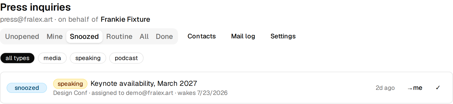 Snoozed threads tab with wake dates